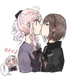  1girl 1other akiyama_mizuki blush braid brown_hair closed_eyes commentary_request cropped_torso drawstring ear_blush from_side highres kiss nervous_sweating open_mouth other_with_female pink_eyes pink_hair project_sekai shinonome_ena short_hair side_ponytail sidelocks simple_background single_braid speech_bubble sweat tenpe_ee thought_bubble translation_request turtleneck white_background 