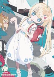  1girl animal_on_arm backpack bag bag_charm barcode barcode_tattoo blonde_hair blue_eyes bright_pupils charm_(object) commentary_request commission dog dress hair_ornament hairclip highres long_hair looking_at_animal original puddle rain randoseru short_sleeves snail solo standing suzukou tattoo white_dress white_pupils 