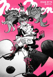  1girl 2010 bear_hair_ornament black_boots blood blood_on_face boots cigardoesart colored_blood commentary cover cover_page crown danganronpa_(series) english_commentary enoshima_junko fake_cover fake_magazine_cover hair_ornament highres holding holding_stuffed_toy magazine_cover monokuma pink_background pink_blood pink_eyes smug stuffed_animal stuffed_toy teddy_bear twintails yen_sign 