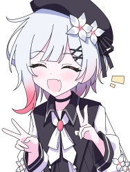  1girl absurdres beret black_choker black_coat black_hat choker closed_eyes coat collared_coat commentary_request double_v fang flower flower-trimmed_sleeves gradient_hair hair_flower hair_ornament hat hat_flower hat_ribbon highres lee0fld long_sleeves mahou_shoujo_no_majo_saiban multicolored_hair neck_ribbon open_mouth pink_hair ribbon sakuraba_ema shirt short_hair simple_background skin_fang sleeveless sleeveless_coat smile solo upper_body v white_background white_flower white_hair white_ribbon white_shirt white_sleeves x_hair_ornament 