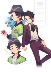  1boy alternate_costume ascot belt belt_buckle black_ascot black_hair black_hat bracelet buckle closed_mouth collared_shirt commentary_request green_jacket hanao_nana hat highres holding holding_poke_ball jacket jewelry long_sleeves male_focus multiple_views open_clothes open_jacket pants paxton_(pokemon) poke_ball poke_ball_(basic) pokemon pokemon_(creature) pokemon_legends:_z-a shirt short_hair smile totodile watermark white_background white_shirt 