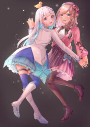  2girls absurdres animal_on_head aqua_bow aqua_hair beret bird bird_on_head black_pantyhose black_ribbon black_skirt blazer blue_dress blue_eyes blue_thighhighs blunt_bangs boots bow bowtie brooch brown_background brown_bow brown_bowtie brown_hair buttons coat collared_jacket colored_inner_hair commentary_request crest cross-laced_clothes cross-laced_sleeves dot_nose dress dress_shirt frilled_skirt frills full_body grey_skirt hair_bow hair_ornament hair_ribbon hairclip hand_on_another's_hand happy hat high-waist_skirt high_heel_boots high_heels highres jacket jewelry knee_boots lace-up_boots lapel_pin lapels layered_skirt layered_sleeves light_blush light_particles lize_helesta long_hair long_sleeves looking_at_viewer looking_back medium_hair miniskirt multicolored_hair multiple_girls nijisanji notched_lapels on_head open_mouth pantyhose pink_bow pink_hat pink_jacket pink_skirt poe_(528yuzunon) pom_pom_hat_ornament print_coat puffy_long_sleeves puffy_sleeves purple_boots ribbon shirt short_dress simple_background single_stripe skirt skirt_bow skirt_under_dress sleeve_bow smile star_(symbol) star_print striped_bow striped_bowtie striped_clothes striped_pantyhose striped_skirt suzuhara_lulu thigh-highs thigh_strap tress_ribbon vertical-striped_clothes vertical-striped_pantyhose vertical-striped_skirt very_long_hair violet_eyes virtual_youtuber white_boots white_coat white_hair white_shirt wing_hair_ornament yellow_bird 