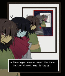  3others absurdres blue_skin brown_hair closed_mouth colored_skin commentary deltarune grey_skin grey_sweater heart highres kris_(dark_world)_(deltarune) kris_(deltarune) looking_at_viewer medium_hair multiple_others open_mouth other_focus red_eyes red_soul_(utdr) shipduck13 shirt soul_(utdr) striped_clothes sweater utdr_(toby_fox) vessel_(deltarune) 