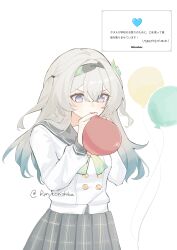  1girl absurdres aqua_bow aqua_bowtie aqua_hair balloon black_hairband blue_pupils bow bowtie buttons cowboy_shot double-breasted facing_viewer firefly_(honkai:_star_rail) firefly_(spring_missive)_(honkai:_star_rail) gradient_hair grey_hair grey_sailor_collar grey_skirt hair_between_eyes hairband hands_up highres holding holding_balloon honkai:_star_rail honkai_(series) inflating long_hair long_sleeves multicolored_hair official_alternate_costume plaid_bow plaid_bowtie plaid_clothes plaid_skirt request_inset ryn_torishiba sailor_collar school_uniform serafuku shirt simple_background skirt solo translation_request twitter_username violet_eyes wavebox white_background white_shirt 