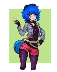  1girl azurdraws bag belt black_choker black_eyes black_gloves blue_bag blue_hair border choker collarbone commentary cropped_jacket cropped_legs eyelashes fingerless_gloves fingernails gloves goggles goggles_on_head green_background grey_jacket grin hand_on_own_hip handbag highres jacket long_sleeves nail_polish open_clothes open_jacket pantyhose pink_nails pink_shorts purple_pantyhose purple_shirt ramona_flowers scott_pilgrim_(series) shirt short_hair short_shorts shorts simple_background smile solo teeth twitter_username v white_border 