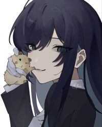  1girl :3 ado_(utaite) animal black_hair blu_(adosbery) blue_hair chando_(ado) colored_inner_hair commentary gloves hamster highres holding holding_animal logo looking_at_viewer multicolored_hair simple_background solo untranslatable_commentary upper_body white_background white_gloves 