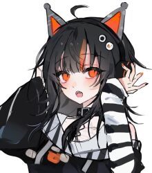  1girl ahoge animal_ear_headphones animal_ears asymmetrical_sleeves bare_shoulders black_choker black_hair black_nails black_sweater cat_ear_headphones cat_ears choker commentary_request eyeball_hair_ornament fake_animal_ears headphones korean_commentary long_sleeves mahou_shoujo_no_majo_saiban multicolored_hair nail_polish off-shoulder_sweater off_shoulder open_mouth orange_eyes orange_nails orange_streaks sawatari_coco sharp_teeth shirt short_hair simple_background single_bare_shoulder slit_pupils solo streaked_hair striped_sleeves sweater teeth upper_body wamowamomo white_background white_shirt 