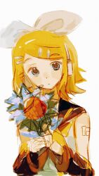  1girl blonde_hair blue_eyes bow commentary_request detached_sleeves flower hair_bow hair_ornament hair_ribbon hairclip headphones highres holding hosigaotita kagamine_rin light_blush looking_at_viewer ribbon sailor_collar short_hair solo vocaloid white_background white_bow 
