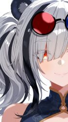  1girl absurdres animal_ear_fluff animal_ears arknights black_streaks chinese_clothes commentary_request eyes_visible_through_hair eyewear_on_head feater_(arknights) highres looking_at_viewer multicolor-tinted_eyewear multicolored_hair orange_eyes panda_ears panda_girl sgt_syunkai simple_background smile solo streaked_hair sunglasses tinted_eyewear twintails white_background white_hair 