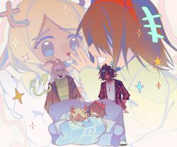  1boy 1other 2girls antlers asriel_dreemurr blanket blonde_hair blue_eyes brown_hair brown_hoodie commentary couch cross cross_necklace december_holiday deer_antlers deer_girl deltarune english_commentary fake_horns furry furry_female goat_boy goat_horns hairband highres hood hoodie horn_hairband horns jewelry kris_(deltarune) multiple_girls necklace noelle_holiday on_couch open_clothes open_shirt plaid_clothes plaid_shirt red_horns red_shirt shirt utdr_(toby_fox) white_shirt worldendunit 