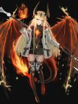  1girl absurdres arknights black_background black_gloves black_sweater black_thighhighs blue_eyes diamond-shaped_pupils diamond_(shape) dragon_girl dragon_horns dragon_tail earrings fiery_wings fire flame-tipped_tail full_body gloves hand_up highres holding holding_polearm holding_weapon hood hood_down hooded_jacket horns huijin_zhi_ling infection_monitor_(arknights) jacket jewelry long_sleeves open_clothes open_jacket polearm reed_(arknights) ribbed_sweater simple_background solo sweater symbol-shaped_pupils tail thigh-highs weapon weapon_behind_back white_jacket wings 