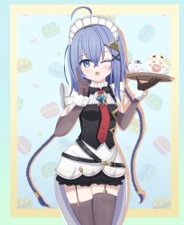  1girl :d ;d ahoge benito_(stella_sora) black_garter_straps blue_eyes blue_hair blush braid breasts brooch commentary cup detached_sleeves food frilled_headband garter_straps highres holding holding_tray index_finger_raised jewelry looking_at_viewer macaron maid_headdress necktie one_eye_closed open_mouth patterned_background red_necktie small_breasts smile solo stella_sora sugar_bowl teacup thigh-highs tray tsukiminabe twin_braids zettai_ryouiki 