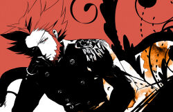  1boy arm_rest beard black_coat black_gloves border chinstrap_beard coat commentary epaulettes eyepatch facial_hair gloves hair_slicked_back hand_rest high_contrast leaning_to_the_side long_sideburns looking_ahead looking_to_the_side lysandre_(pokemon) male_focus military_uniform minatoya_mozuku ornate_border pokemon pokemon_x_and_y red_background red_eyes red_hair sideburns sitting two-tone_background 