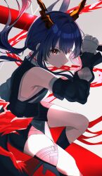  1girl absurdres arknights bare_shoulders black_dress black_shorts blue_hair boots breasts ch'en_(arknights) ch'en_the_dawnstreak_(arknights) commentary detached_sleeves dragon_girl dragon_horns dress expressionless from_side gloves hair_between_eyes hand_up high_heel_boots high_heels highres holding holding_sword holding_weapon horns knee_boots knee_up long_hair medium_breasts nishimiya_aki red_eyes serious short_shorts shorts shorts_under_dress solo sword thighs weapon white_gloves 