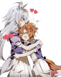 >_< 2girls ahoge animal_ear_piercing animal_ears blue_eyes blush_stickers bow cowboy_shot dot_nose ear_ornament earrings grey_hair hair_between_eyes hairband hand_on_another's_shoulder heart highres horse_ears horse_girl horse_tail horseshoe_ornament hug jewelry korean_text long_hair multicolored_hairband multiple_earrings multiple_girls notice_lines oguri_cap_(umamusume) orange_hair pleated_skirt puffy_short_sleeves puffy_sleeves purple_bow sailor_collar school_uniform short_hair short_sleeves simple_background single_blush_sticker skirt smile summer_uniform t.m._opera_o_(umamusume) tail tail_bow tail_ornament tracen_school_uniform translation_request two-tone_hairband umamusume v-shaped_eyebrows white_background 