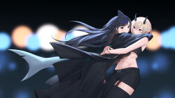  2girls abs artemis_of_the_blue atelier_live commentary commission ear_piercing english_commentary highres horns imp indie_virtual_youtuber midriff mole mole_under_eye multiple_girls piercing pointy_ears red_eyes rinkya shark_fin shark_girl short_hair siun virtual_youtuber 