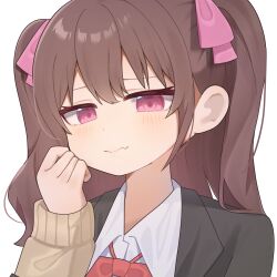  1girl 2.5_jigen_no_ririsa absurdres black_jacket blush bow bowtie brown_hair brown_sweater closed_mouth collared_shirt commentary_request fang fang_out hair_ribbon hand_up highres jacket long_hair long_sleeves open_clothes open_jacket peso_(pesomeren) pink_ribbon portrait red_bow red_bowtie red_eyes ribbon school_uniform shirt sidelocks simple_background skin_fang solo sweater tachibana_mikari two_side_up white_background white_shirt 