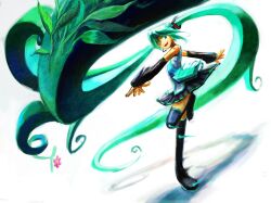  1girl aqua_eyes aqua_hair aqua_necktie black_sleeves commentary_request detached_sleeves flower grey_shirt hatsune_miku headphones headset leaf long_hair necktie shirt simple_background sleeveless sleeveless_shirt solo spinning tnt_(tnt8823) twintails very_long_hair vocaloid white_background wind 