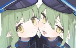  2girls :3 aimi7333 blue_archive blush cheek-to-cheek colored_eyebrows earrings fang green_hair hat heads_together heart highres hikari_(blue_archive) jewelry long_hair looking_at_viewer low_twintails multiple_girls nozomi_(blue_archive) peaked_cap pointy_ears portrait siblings sisters skin_fang smile train_conductor twins twintails white_background yellow_eyes 