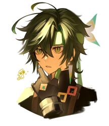  1boy absurdres ajaw_(genshin_impact) black_hair commentary cropped_shoulders crossed_bangs earrings eyelashes genshin_impact gloves green_headband hair_between_eyes headband highres jewelry kinich_(genshin_impact) male_focus multicolored_hair nokori04 simple_background solo twitter_username upper_body white_background 