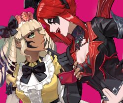  2girls arthropod_girl bee_girl black_bow blonde_hair blunt_bangs bow breasts commentary_request dark-skinned_female dark_skin final_fantasy final_fantasy_xiv fingernails flower glaring green_eyes hair_bow hair_flower hair_ornament head_wreath highres honey_b._lovely jacket long_hair looking_at_another makeup multicolored_hair multiple_girls pale_skin pink_background pukeman_500 red_hair red_lips red_nails sidelocks smile vamp_fatale wings 