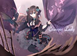  1girl arcaea arm_cutout bib_collar bird black_bow black_bowtie black_capelet black_dress black_flower black_hair black_pantyhose black_rose black_umbrella blue_corset blue_eyes blue_flower blue_rose bow bow_flower bowtie bug butterfly capelet closed_mouth clothing_cutout collar corset cowboy_shot crow curtains dress dress_bow flower frilled_collar frilled_sleeves frills hair_flower hair_ornament hair_ribbon highres long_hair long_sleeves looking_at_viewer nei_0907_art pantyhose pleated_capelet ribbon rose smile solo song_name tairitsu_(arcaea) tairitsu_(grievous_lady)_(arcaea) umbrella 
