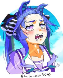  1girl @_@ animal_ears aqua_hair blue_eyes blue_hair blue_sky blush bow commentary_request cropped_torso drooling ears_down hair_bow hair_pulled_back heterochromia highres horse_ears horse_girl looking_up mouth_drool multicolored_hair open_mouth purple_shirt sailor_collar school_uniform sharp_teeth shirt sidelocks sky solo striped_bow sweat ta_bo_enzin teeth tracen_school_uniform twin_turbo_(umamusume) twintails twitter_username two-tone_hair umamusume upper_body violet_eyes white_background white_sailor_collar 