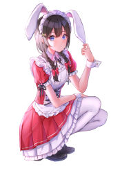  1girl absurdres animal_ear_hairband animal_ears apron arm_on_thigh bib_collar black_boots black_ribbon blue_eyes boots bow braid brown_hair buttons closed_mouth collared_dress commentary corset cross-laced_clothes cross-laced_corset dot_nose dress expressionless fake_animal_ears floppy_ears flower frilled_apron frilled_dress frilled_skirt frilled_sleeves frills full_body hair_between_eyes hair_bow hair_flower hair_ornament hair_over_shoulder hairband hairclip high_heel_boots high_heels highres lace-up_boots light_blush light_frown long_hair loose_hair_strand maid maid_headdress miniskirt nijisanji official_alternate_costume pantyhose pink_bow pink_flower pleated_dress pleated_skirt poe_(528yuzunon) puffy_short_sleeves puffy_sleeves red_corset red_dress ribbon short_dress short_sleeves simple_background skirt sleeve_ribbon solo squatting tsukino_mito tsukino_mito_(maid) twin_braids virtual_youtuber white_apron white_background white_pantyhose white_skirt white_wrist_cuffs wrist_cuffs 