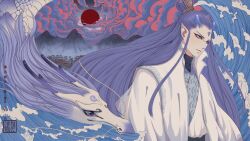  1boy ao_bing_(nezha_zhi_motong_jiangshi) blue_eyes chinese_clothes closed_mouth dragon dragon_horns dual_persona eastern_dragon horns long_hair male_focus mountain nezha_zhi_motong_jiangshi pointy_ears purple_hair qsjuanyun red_sun solo topknot translation_request waves 