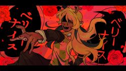  1girl animal_ears antlers black_shirt black_skirt blonde_hair checkered_clothes commentary deer_antlers deer_ears deer_girl deltarune english_commentary flower furry furry_female goomyloid highres horns long_hair noelle_holiday open_mouth outstretched_arm partially_shaded_face red_background red_eyes red_flower red_rose rose shirt skirt smile solo unique_parade_(vocaloid) utdr_(toby_fox) 