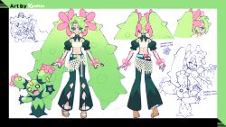  1girl aqua_belt aqua_eyes bell-bottoms belt bracelet cactus_girl closed_eyes closed_mouth clothing_cutout collar design_speculation detached_collar detached_sleeves diamond_cutout doodle_inset earrings english_text flower_hairband from_behind from_side gold_trim grass_miku_(project_voltage) green_collar green_hair green_pants hatsune_miku heart highres hoop_earrings hug jewelry looking_at_viewer ludicolo mandarin_collar maractus multiple_bracelets one_eye_closed open-toe_shoes pants plant_hair platform_sandals poke_ball poke_ball_(basic) pokemon pokemon_(creature) project_voltage puffy_detached_sleeves puffy_short_sleeves puffy_sleeves reference_sheet sandals sash short_eyebrows short_sleeves side_part sitting smile solo strapless torn_clothes torn_pants tube_top vocaloid waist_sash wariza xestria 
