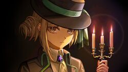  1girl black_background black_coat black_hat boater_hat candle candlelight candlestand coat commentary grey_eyes grey_hair hair_bun hand_up hat highres holding holding_candlestand light_smile looking_at_viewer lunara_luna portrait reverse:1999 shirt short_hair single_side_bun solo vertin_(reverse:1999) white_shirt 
