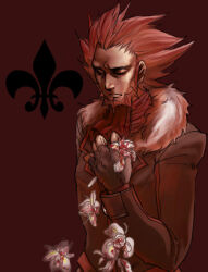  1boy ascot beard black_coat blood blood_on_hand chinstrap_beard closed_eyes coat cowboy_shot crushing facial_hair facing_to_the_side fingerless_gloves flower fur-trimmed_coat fur_trim gloves hair_slicked_back hand_up holding holding_flower long_sideburns lysandre_(pokemon) male_focus mature_male pensive pokemon pokemon_x_and_y red_ascot red_background red_hair red_trim sideburns white_flower yumi_(yumi-phanta) 