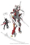  1girl android armor commentary_request frown full_body hand_on_hilt highres horns humanoid_robot joints limited_palette looking_at_viewer looking_back original red_eyes robot_joints solo standing sword twintails ushas weapon weapon_on_back white_background 