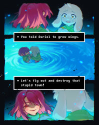  1boy 1other absurdres animal_ears asriel_dreemurr brown_hair chara_(undertale) commentary deltarune english_commentary english_text gaida goat_boy goat_ears green_eyes green_sweater highres holding_hands red_eyes short_hair smile sweater undertale utdr_(toby_fox) wading water weird_route_(deltarune) 