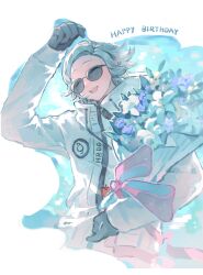  1boy absurdres aotsuki_eito arm_up black_gloves bouquet chinese_commentary closed_eyes commentary_request commentary_typo drawstring english_commentary english_text flower gloves grey_hair happy_birthday high_collar highres holding holding_bouquet jacket long_sleeves male_focus miao_miao_miao_le mixed-language_commentary open_mouth pink_ribbon purple_flower ribbon short_hair smile solo sunglasses the_hundred_line_-last_defense_academy- white_flower white_jacket zipper_pull_tab 