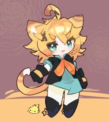  1girl :3 ahoge animal_ears aqua_eyes aqua_shirt ascot black_boots black_gloves black_jacket blonde_hair boots cat_ears chibi chibi_only dokibird dokibird_(bounty_hunter) dragoon_(dokibird) fang full_body gloves highres indie_virtual_youtuber jacket kemonomimi_mode long_hair open_mouth orange_ascot pants shirt skin_fang solo tail troubleshooter_bun untucked_shirt virtual_youtuber white_pants 