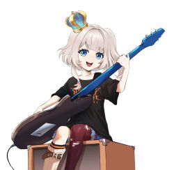 1girl :d absurdres black_shirt blonde_hair blue_crown blue_eyes blue_shorts crown fish goldfish guitar highres instrument marimari_(vtuber) mini_crown open_mouth pantyhose phase_connect shirt short_eyebrows shorts shriekingggbird side_ponytail sitting smile solo torn_clothes torn_pantyhose virtual_youtuber white_background 
