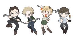  1girl 2025 3boys blonde_hair brown_hair brown_jacket candle commentary_request father_and_child father_and_daughter green_jacket harry_mason heather_mason henry_townshend jacket james_sunderland kuso_500t multiple_boys parent_and_child silent_hill_(series) silent_hill_1 silent_hill_2 silent_hill_3 silent_hill_4:_the_room 