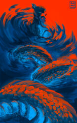  1boy ao_bing_(nezha_zhi_motong_jiangshi) closed_mouth commentary dragon_boy dragon_horns dragon_tail english_commentary highres horns limited_palette long_hair looking_at_viewer looking_back nezha_zhi_motong_jiangshi red_background ripples solo tail topknot yuyu_finale 