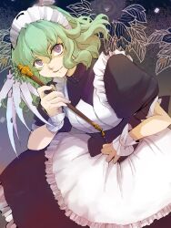  1girl apron asato04 black_corset black_dress closed_mouth commentary_request corset cowboy_shot dress frilled_apron frilled_dress frills green_hair hand_up highres holding holding_weapon leaf leaning_forward maid maid_apron maid_headdress medium_hair mouri_teru puffy_short_sleeves puffy_sleeves rance_(series) sengoku_rance short_sleeves smile solo standing violet_eyes weapon white_apron wrist_cuffs 
