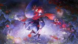  1girl absurdres black_dress black_jacket dress falling_leaves flat_chest from_side hair_ornament hand_on_own_hip highres holding holding_umbrella jacket jacket_on_shoulders leaf long_hair looking_at_viewer looking_to_the_side oil-paper_umbrella pengren_siya red_eyes red_hair ripples shuangyaji solo standing suoming_(wuthering_waves) turning_head umbrella water wuthering_waves 