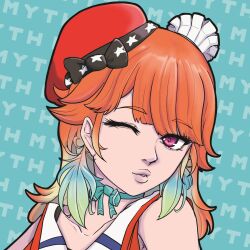  1girl aqua_background bare_shoulders black_bow bow chef_hat collarbone commentary diamond-shaped_pupils diamond_(shape) earrings english_commentary eyelashes feather_earrings feathers gradient_hair hat hat_bow highres hololive hololive_english jewelry lips long_hair mini_chef_hat mini_hat multicolored_hair multiple_hats one_eye_closed orange_hair pink_eyes portrait red_hat red_pupils solo star_(symbol) star_print symbol-shaped_pupils takanashi_kiara takanashi_kiara_(1st_costume) virtual_youtuber white_hat xc_ouma 