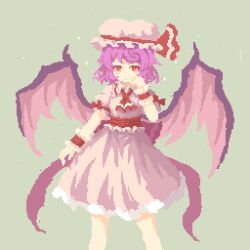  02charaice20 1girl absurdres ascot back_bow bat_wings bow chinese_commentary collared_shirt commentary_request frilled_wrist_cuffs frills green_background hat hat_ribbon highres looking_at_viewer medium_hair mob_cap pink_bow pink_hair pink_hat pink_shirt pink_skirt pixel_art puffy_short_sleeves puffy_sleeves red_ascot red_bow red_eyes red_wrist_cuffs remilia_scarlet ribbon shirt short_sleeves simple_background skirt skirt_set sleeve_bow solo touhou wings wrist_cuffs 