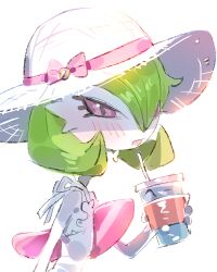  1girl blush bob_cut bow clothed_pokemon colored_skin drink drinking_straw gardevoir green_hair hair_over_one_eye hat hat_bow lowres pink_bow pink_eyes pokemon pokemon_(creature) raine_(acke2445) sun_hat white_hat white_skin 