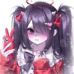  1girl aegyo_sal alternate_costume ame-chan_(needy_girl_overdose) black_bow black_bowtie black_hair black_nails blood blood_halo blush bow bowtie buttons cardigan cellphone chinese_commentary claw_ring collared_shirt commentary_request earrings face_piercing fingernails frilled_shirt_collar frills hair_bow hair_ornament hair_over_one_eye halo heart heart_button heart_hair_ornament highres holding holding_phone horns jewelry labret_piercing liquid_halo long_fingernails long_hair long_sleeves looking_at_viewer multicolored_nails needy_girl_overdose one_eye_covered open_mouth partially_shaded_face phone piercing pill_hair_ornament qi_de_sanci_fang red_bow red_cardigan red_halo red_nails shirt simple_background sleeves_past_wrists smartphone solo stud_earrings too_many_watermarks two-tone_nails two_side_up variant_set violet_eyes watermark white_background white_horns white_shirt 