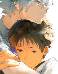  2boys blue_eyes brown_hair closed_mouth commentary_request hair_between_eyes hand_on_another's_arm hand_on_another's_head highres hug ikari_shinji looking_ahead looking_down male_focus multiple_boys nagisa_kaworu neon_genesis_evangelion open_mouth red_eyes shirt short_hair smile soraaaa53 white_background white_hair white_shirt 
