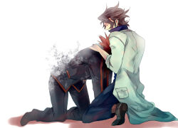  2boys black_coat black_hair black_pants blue_pants closed_eyes coat comforting commentary_request defeat dissolving dress_shirt facing_another fur-trimmed_coat fur_trim hand_on_another's_shoulder hands_on_ground kneeling lab_coat lysandre_(pokemon) male_focus mature_male minatoya_mozuku multiple_boys open_clothes open_coat pants pokemon pokemon_x_and_y popped_collar professor_sycamore red_hair red_trim shirt sleeves_rolled_up wavy_hair white_background white_coat 