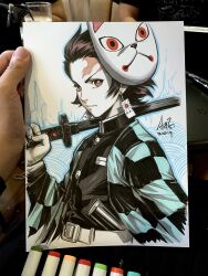  1boy art_tools_in_frame black_hair black_shirt checkered_haori commentary earrings english_commentary hanafuda_earrings haori highres holding holding_sword holding_weapon japanese_clothes jewelry kamado_tanjirou kimetsu_no_yaiba looking_to_the_side male_focus marker_(medium) over_shoulder photo_(medium) scar scar_on_face scar_on_forehead shirt signature solo stanley_lau sword sword_over_shoulder traditional_media weapon weapon_over_shoulder 