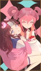  2girls :q blue_eyes blush brown_hair cake cardigan choker dress eating eyewear_on_head food hair_rings heart heart-shaped_eyewear highres long_hair looking_at_viewer multiple_girls original pink_eyes pink_hair pumpkinspicelatte smile sunglasses thigh-highs tongue tongue_out 